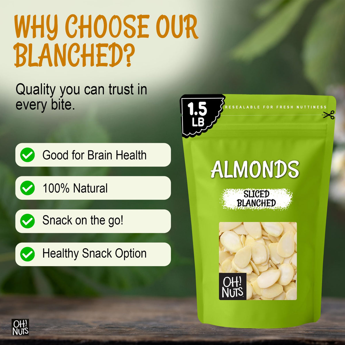 Oh! Nuts Almonds Blanched Sliced - Raw 1.5 lb | High-Protein & Kosher