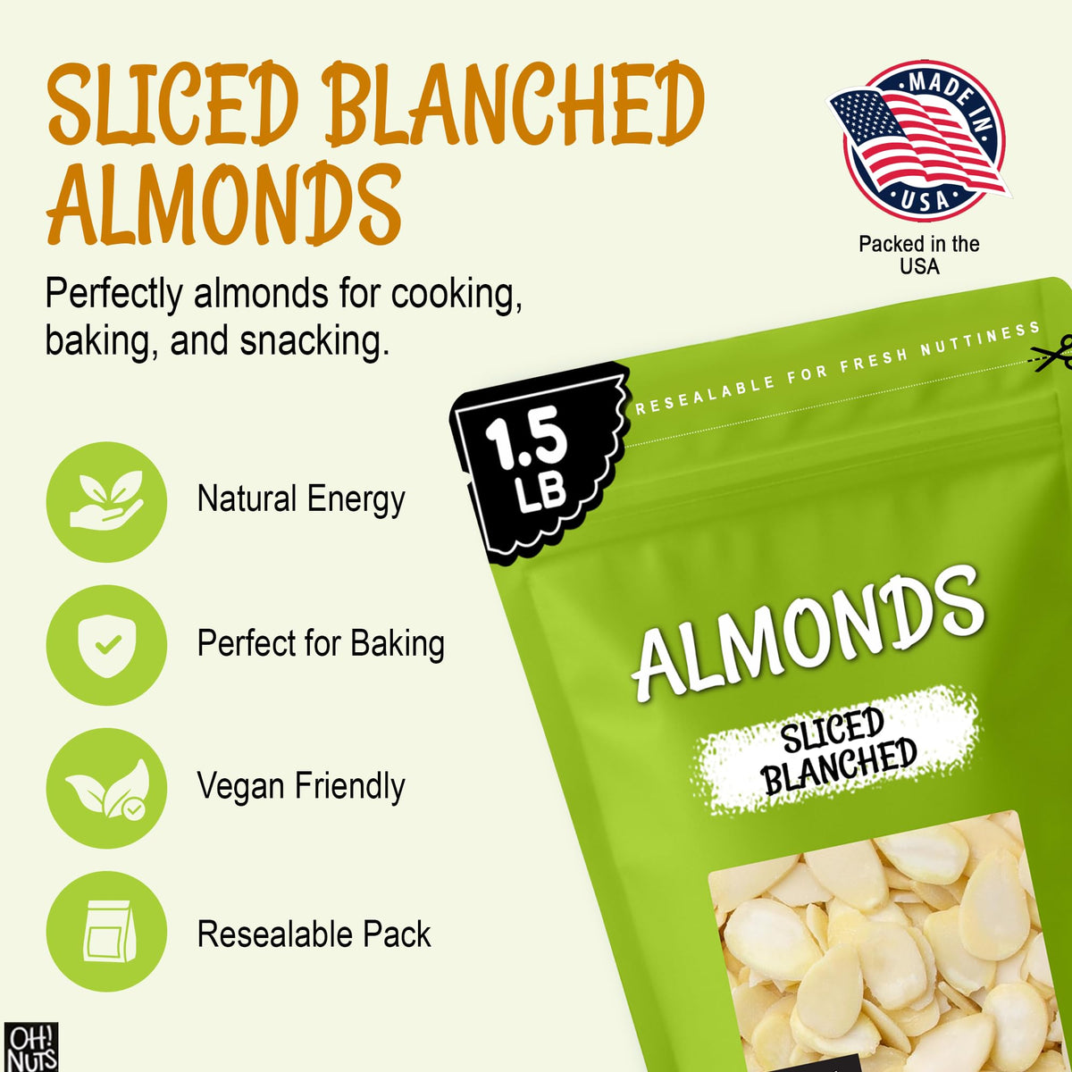 Oh! Nuts Almonds Blanched Sliced - Raw 1.5 lb | High-Protein & Kosher