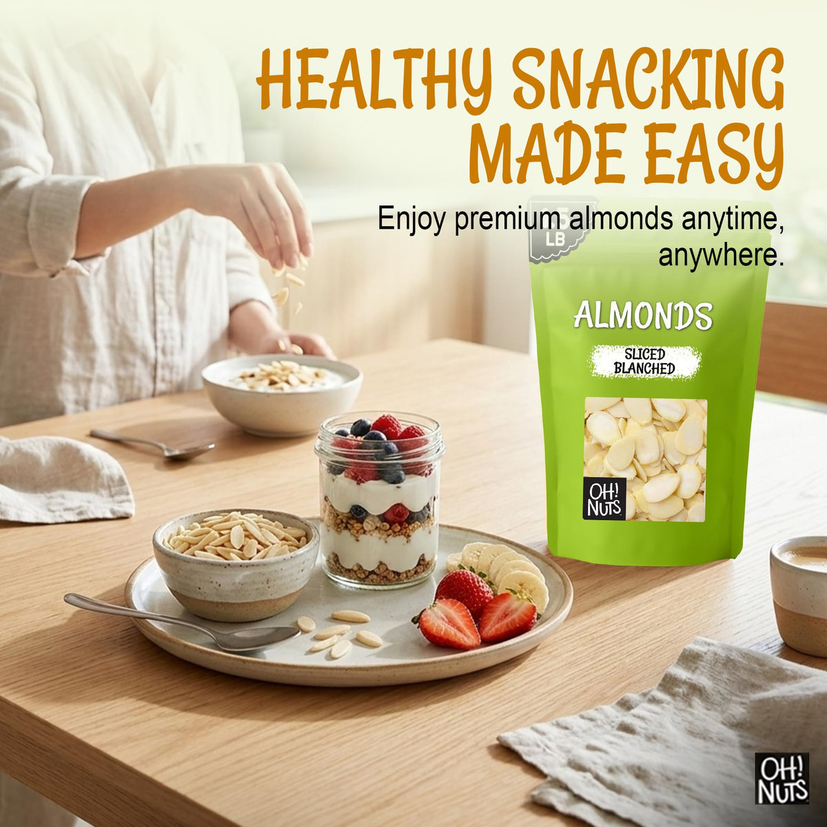 Oh! Nuts Almonds Blanched Sliced - Raw 1.5 lb | High-Protein & Kosher
