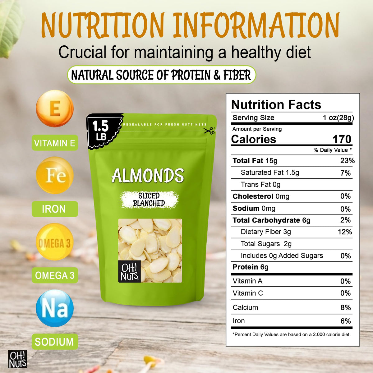 Oh! Nuts Almonds Blanched Sliced - Raw 1.5 lb | High-Protein & Kosher