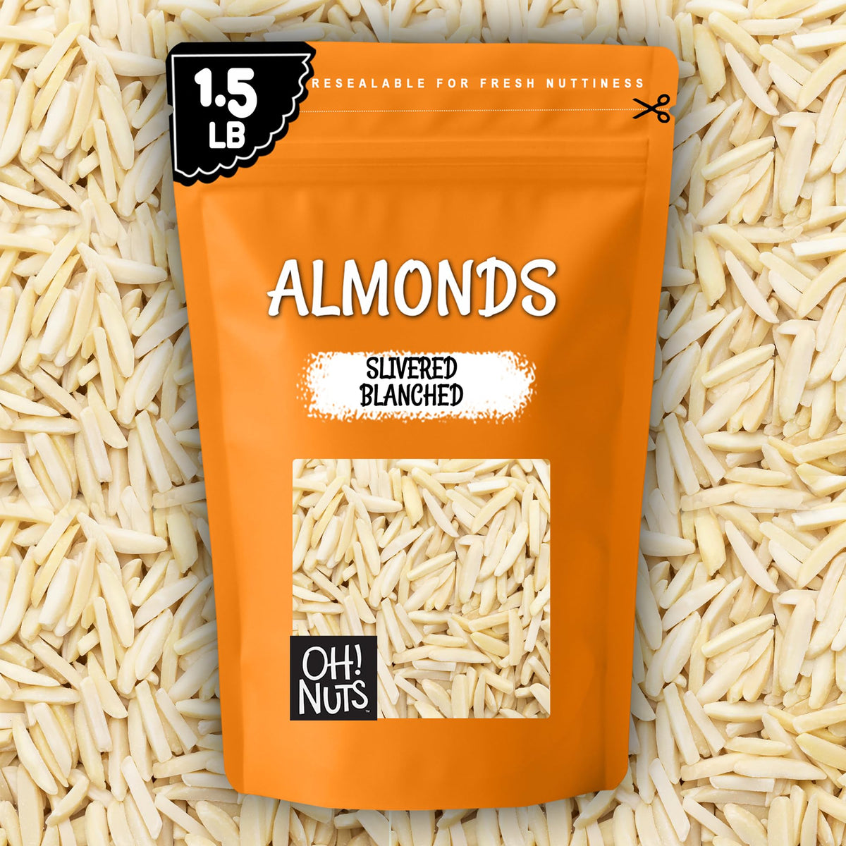 Oh! Nuts Blanched Slivered Almonds – Raw, 1.5 lb Zip‑Seal Bag | Fresh, Kosher, Natural