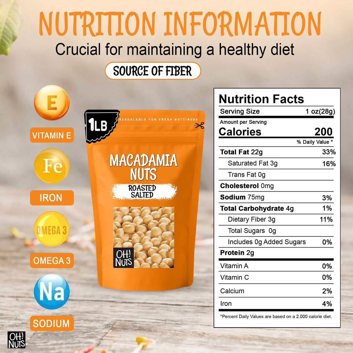 Oh! Nuts Roasted Salted Macadamia Nuts – 1 lb | Premium Dry-Roasted Macadamias