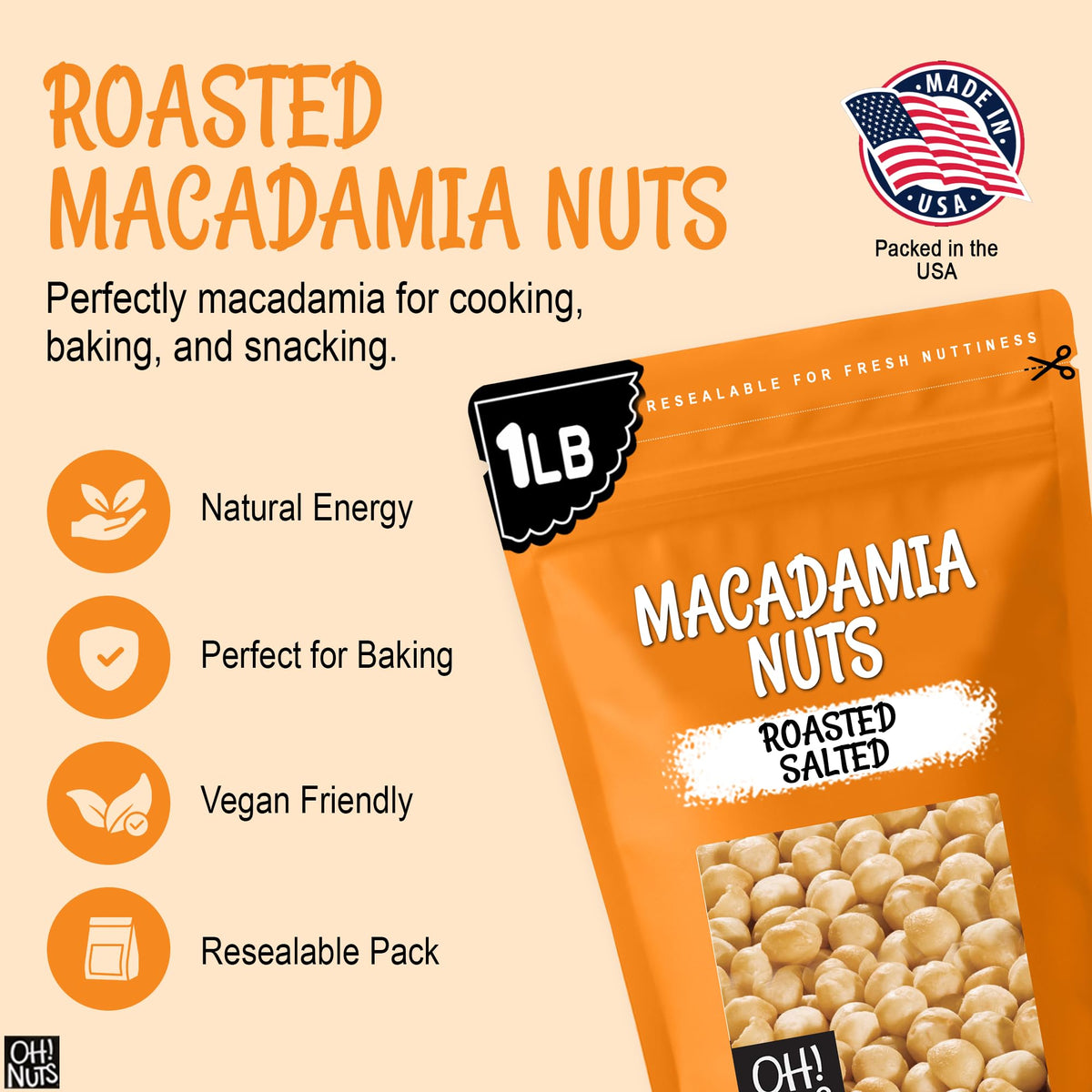 Oh! Nuts Roasted Salted Macadamia Nuts – 1 lb | Premium Dry-Roasted Macadamias