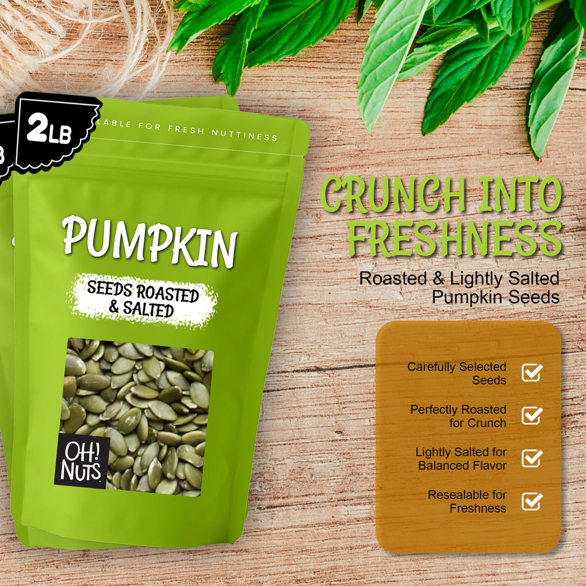 Oh! Nuts Pumpkin Seeds - Roasted Salted Pepitas, 2 lb Bulk Bag | Fresh, No Shell & Kosher