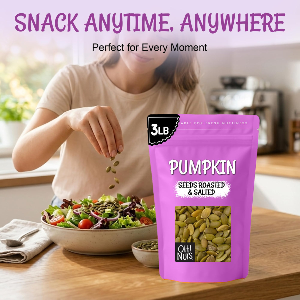 Oh! Nuts Pumpkin Seeds - Roasted & Salted Pepitas (No Shell) 3 lb Zip-Seal Bag for Freshness