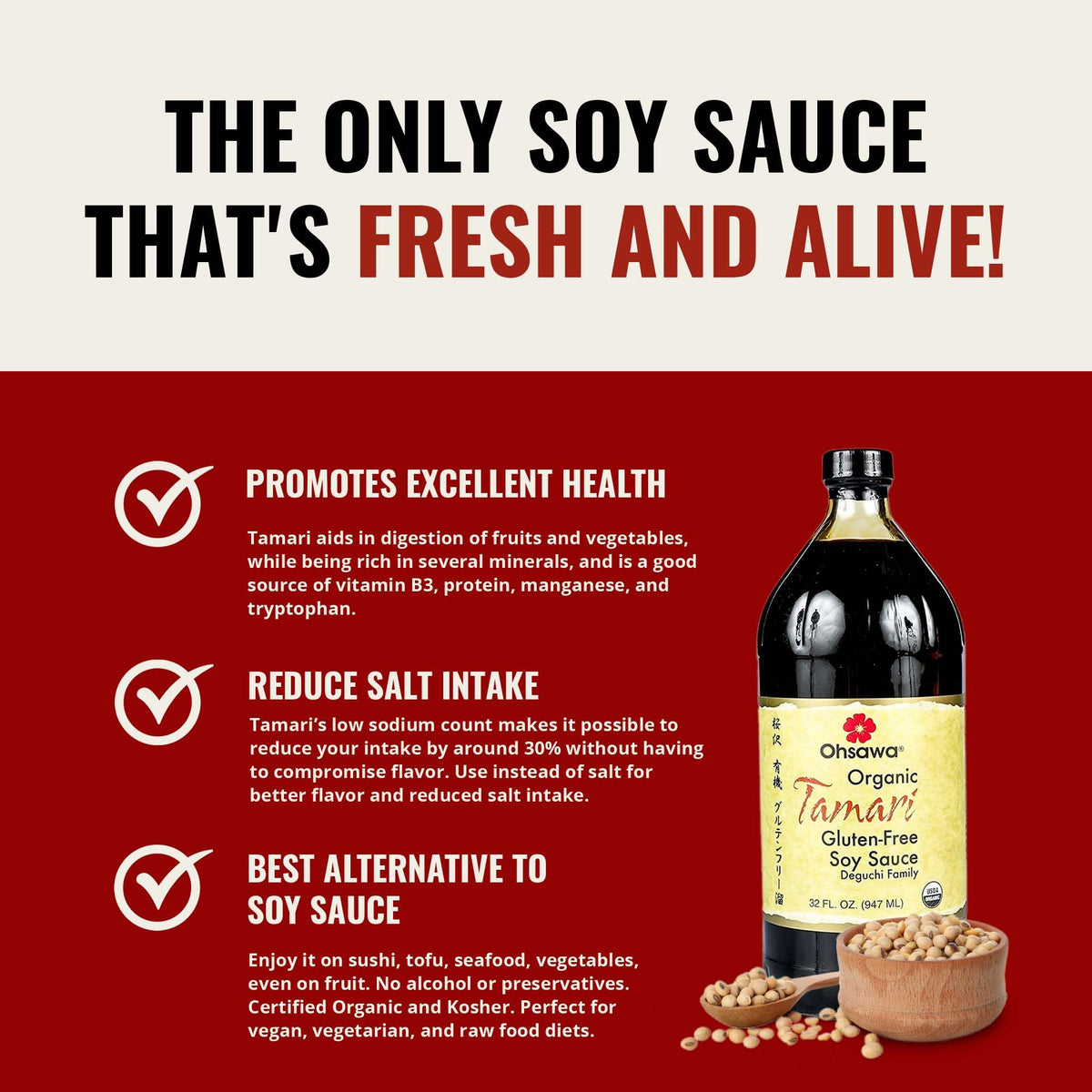 Ohsawa Wheat-Free Tamari Soy Sauce - Traditionally Brewed, Gluten-Free, Non-GMO, 32 Fl Oz