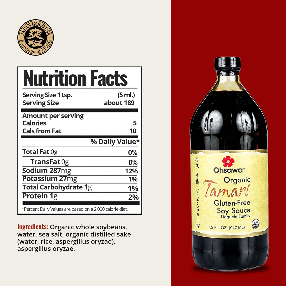 Ohsawa Wheat-Free Tamari Soy Sauce - Traditionally Brewed, Gluten-Free, Non-GMO, 32 Fl Oz