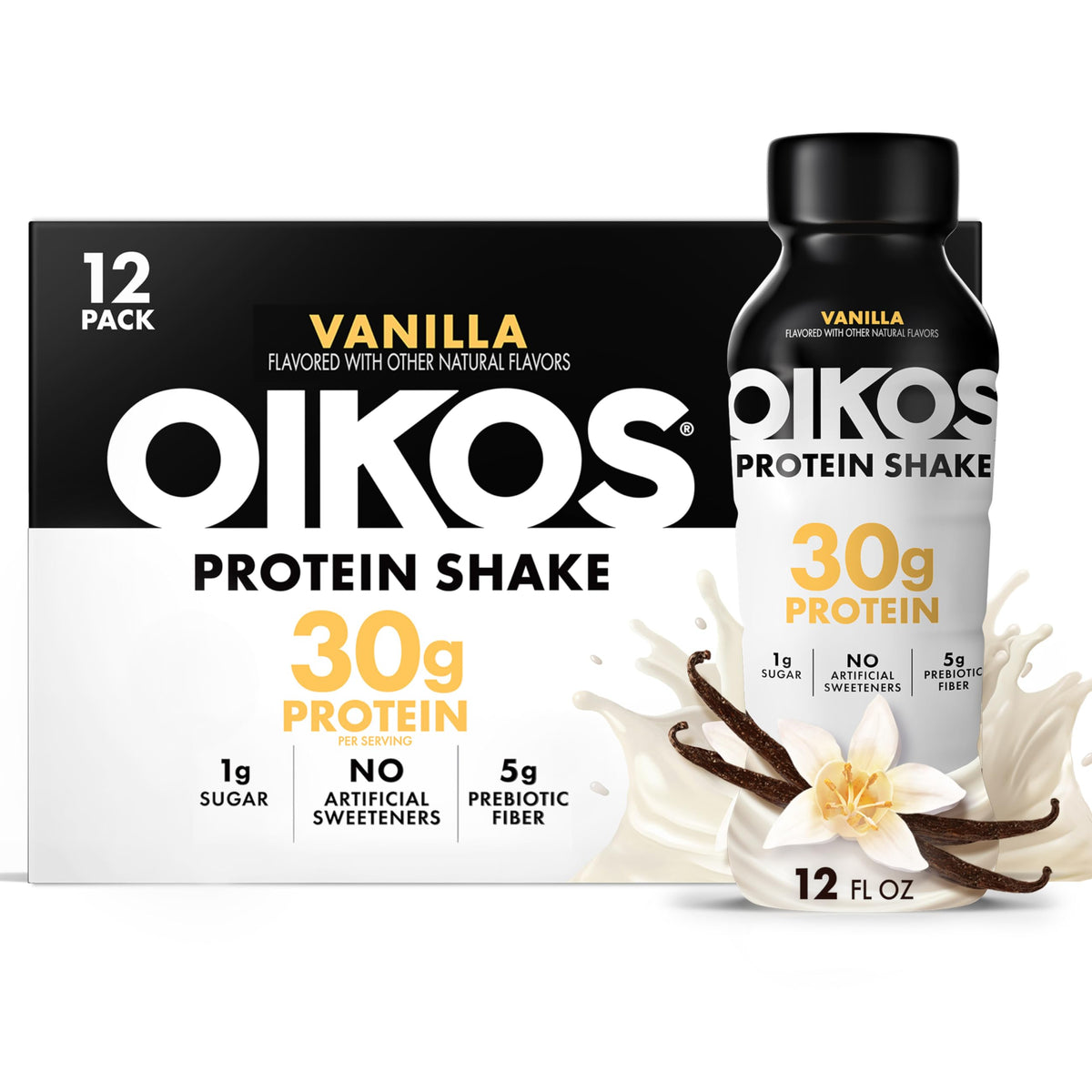 Oikos Vanilla Protein Shake — 30g Protein, Shelf-Stable Ready-to-Drink, 12 Bottles