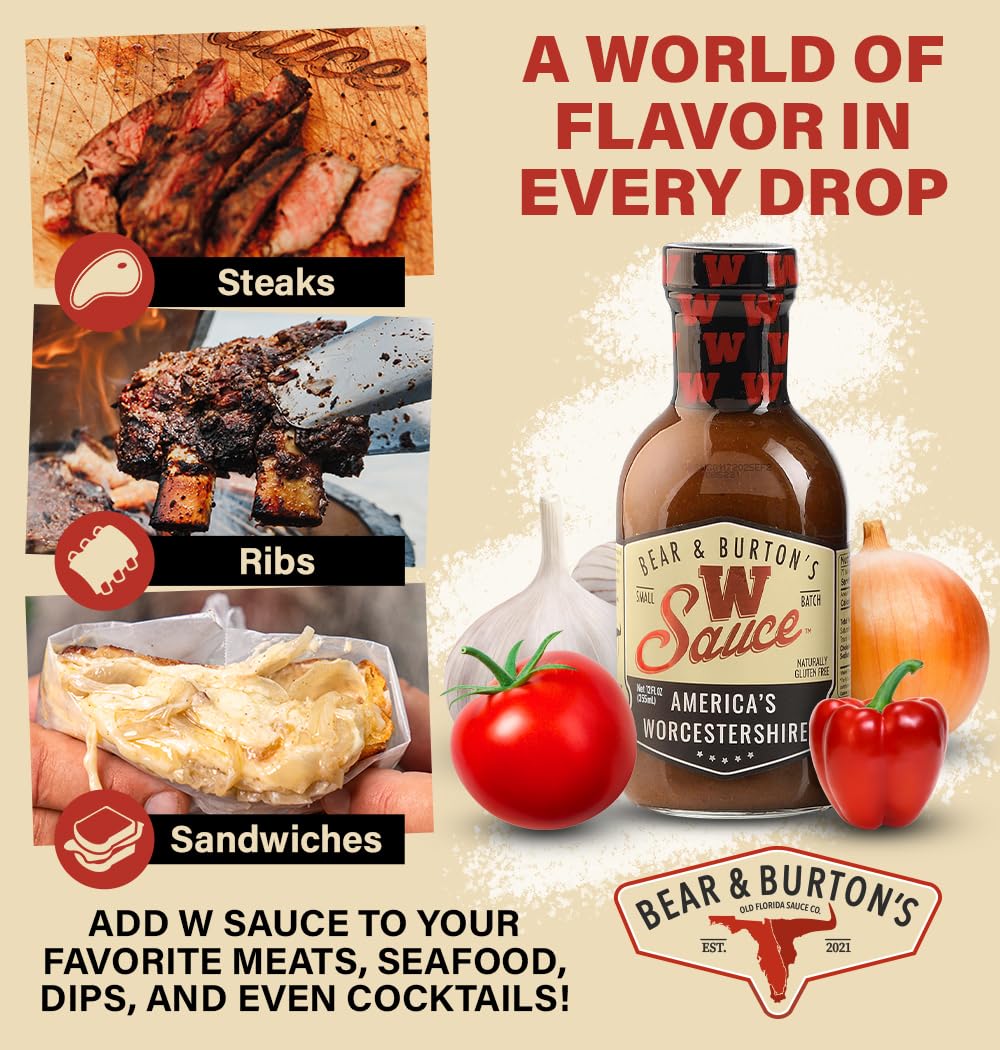 Bear and Burton's W Sauce | Distinctive Worcestershire for Steaks, Dressings & Marinades | 12 oz Pack of 2 | Old Florida Sauce Co.