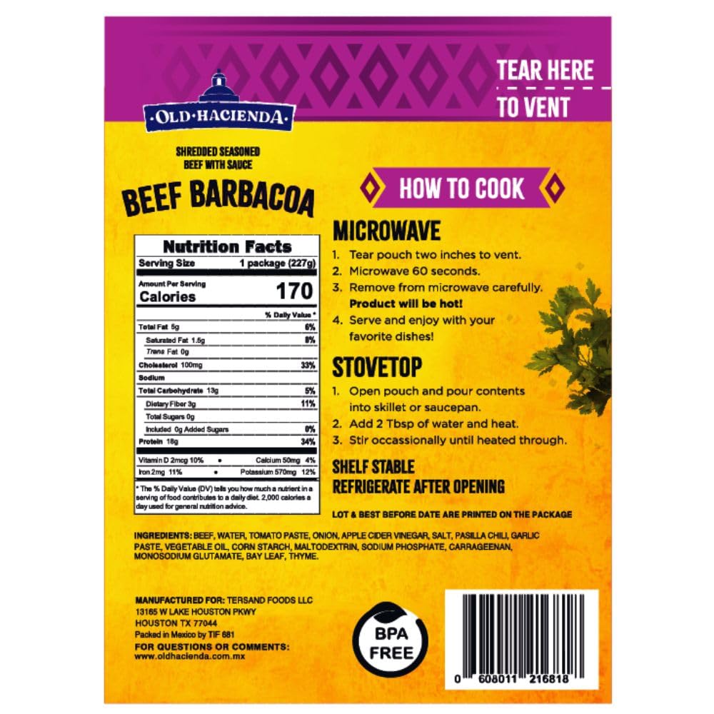 Old Hacienda Beef Barbacoa – Pack of 3 (8 oz), Fully Cooked, 18g Protein