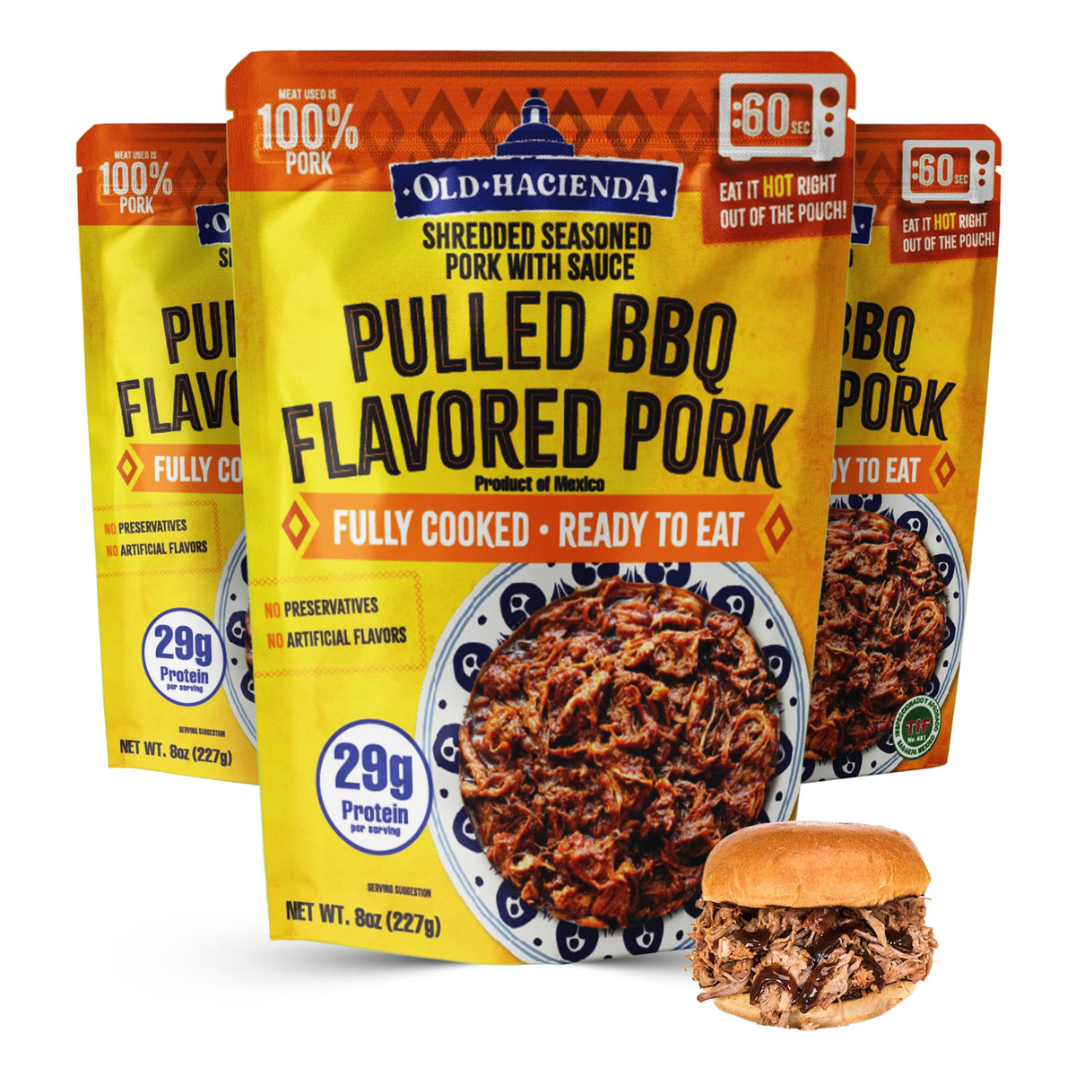 Old Hacienda Pulled BBQ Flavored Pork | 29g Protein, Fully Cooked, 3-Pack 8oz