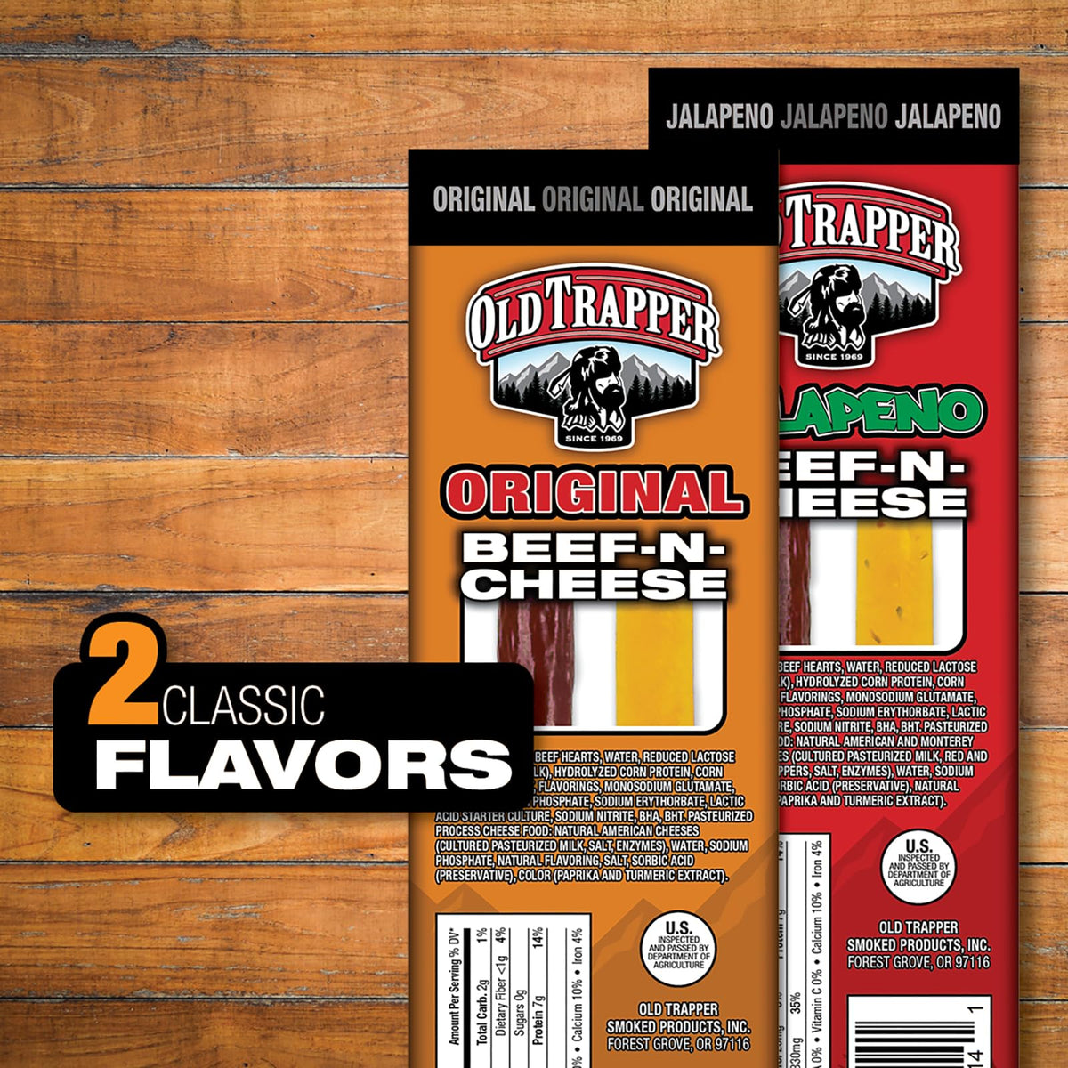 Old Trapper Beef-N-Cheese Original — 14-Pack, 1.3-Ounce Beef Sticks with American Cheese