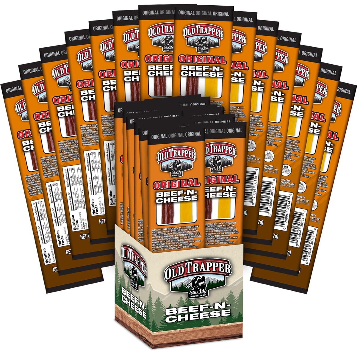 Old Trapper Beef-N-Cheese Original — 14-Pack, 1.3-Ounce Beef Sticks with American Cheese