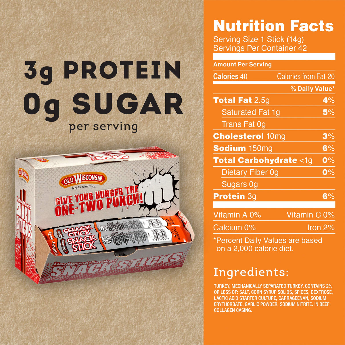 Old Wisconsin Turkey Snack Sticks — Naturally Smoked, High Protein, Gluten Free, 42-Count Box