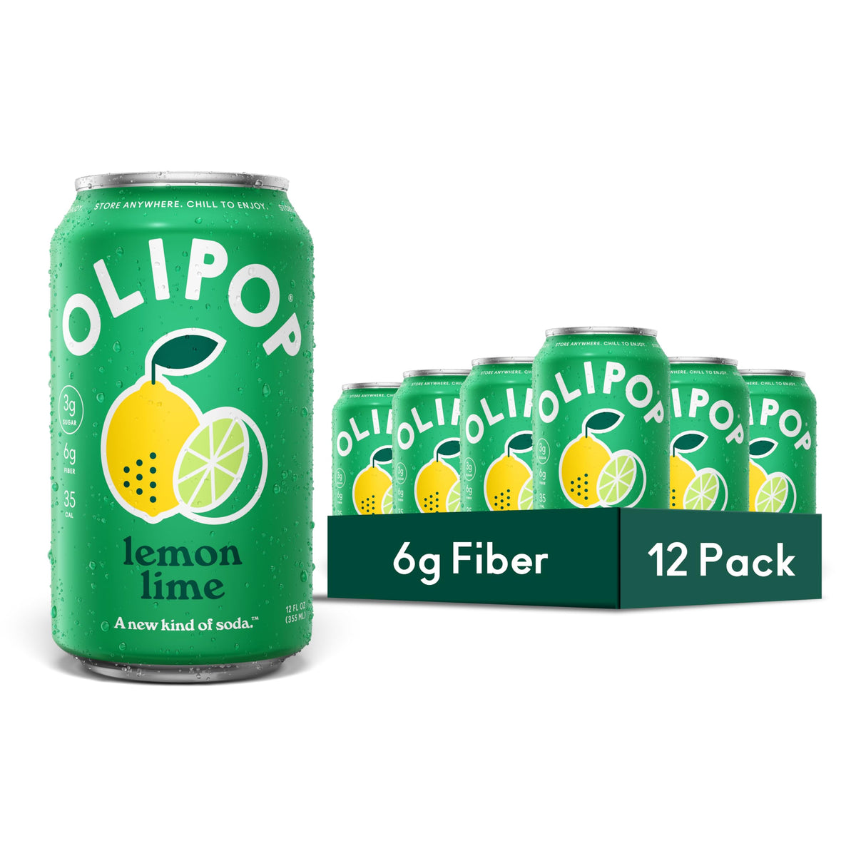 OLIPOP Lemon Lime Prebiotic Soda – Pantry Pack (12 Cans), Gluten Free & Non-GMO