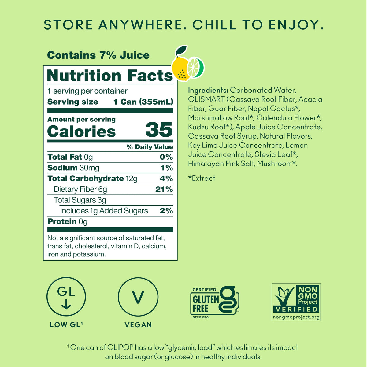 OLIPOP Lemon Lime Prebiotic Soda – Pantry Pack (12 Cans), Gluten Free & Non-GMO