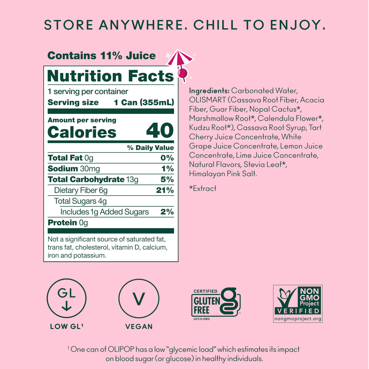 OLIPOP Shirley Temple Prebiotic Soda – 12-Pack Pantry Pack | Gluten Free, Non-GMO, 6 g Fiber per Can