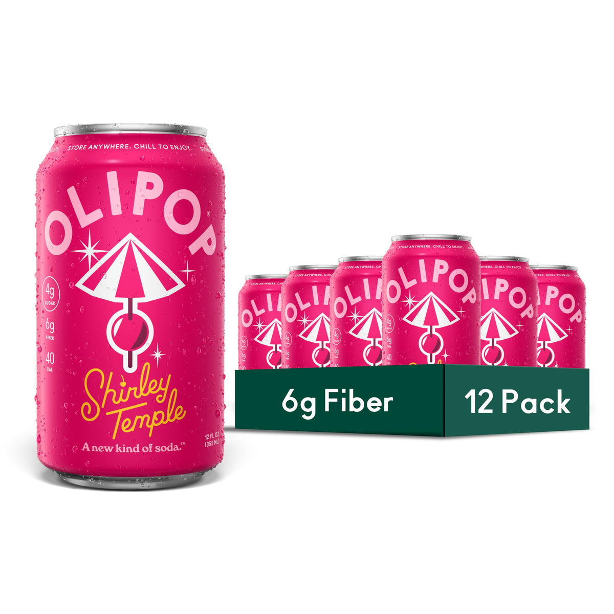 OLIPOP Shirley Temple Prebiotic Soda – 12-Pack Pantry Pack | Gluten Free, Non-GMO, 6 g Fiber per Can
