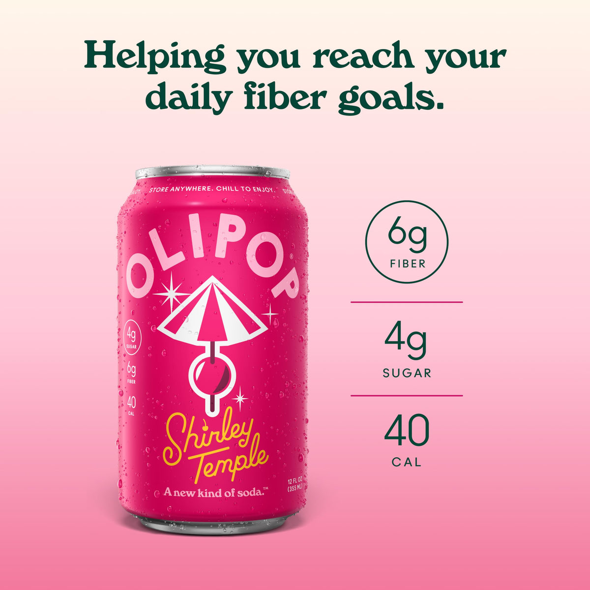 OLIPOP Shirley Temple Prebiotic Soda – 12-Pack Pantry Pack | Gluten Free, Non-GMO, 6 g Fiber per Can
