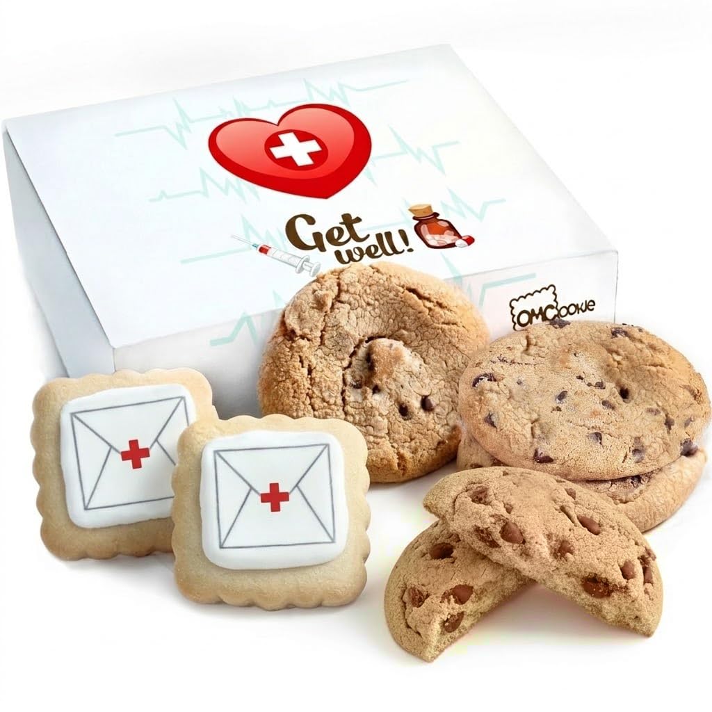 OMCookie Get Well Soon Cookies Gift Basket – Large Chocolate Chip & Decorated Sugar Cookies (Individually Wrapped)