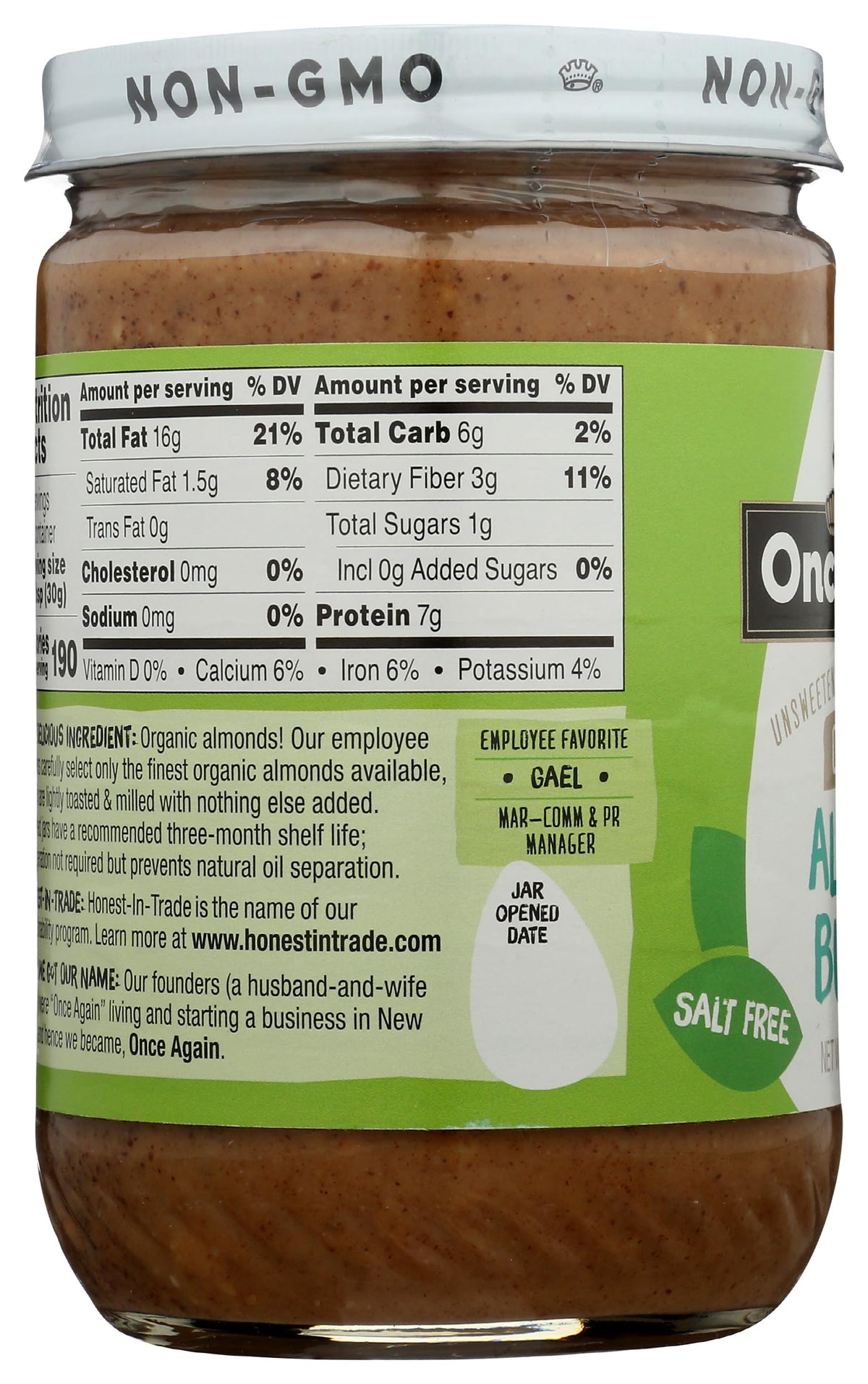 Once Again Organic Crunchy Almond Butter, 16oz – Lightly Toasted, Salt Free & Unsweetened | USDA Organic, Gluten Free, Peanut Free, Vegan
