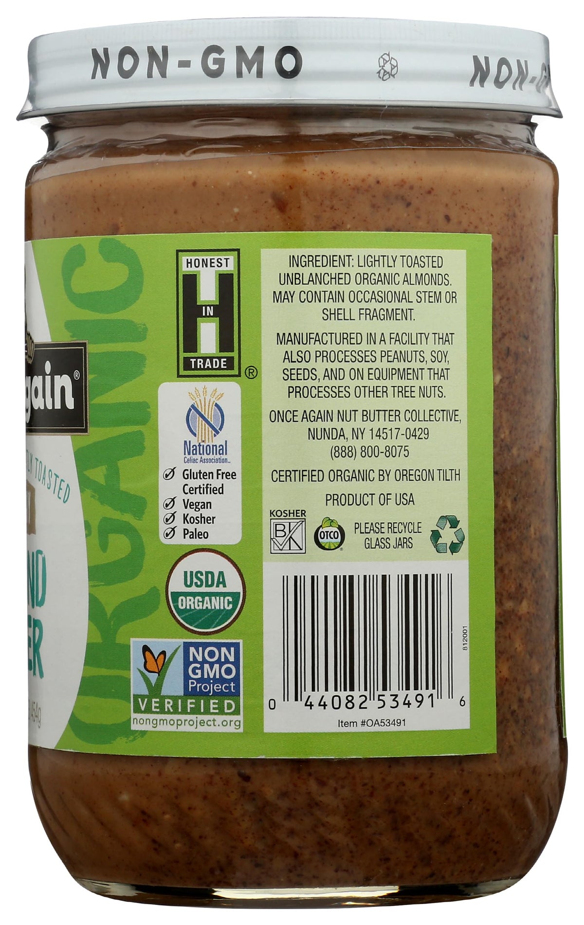 Once Again Organic Crunchy Almond Butter, 16oz – Lightly Toasted, Salt Free & Unsweetened | USDA Organic, Gluten Free, Peanut Free, Vegan