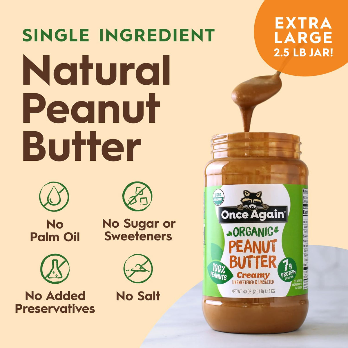 Once Again Organic Creamy Peanut Butter – No Sugar Added, Unsalted, 40 oz Jar