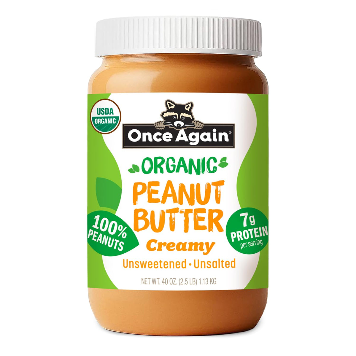 Once Again Organic Creamy Peanut Butter – No Sugar Added, Unsalted, 40 oz Jar