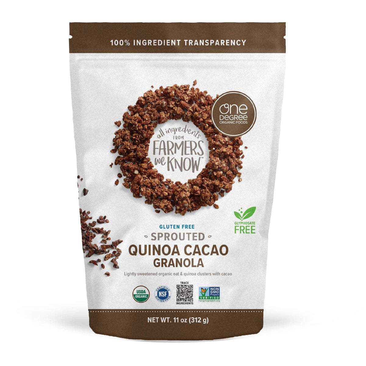 One Degree Organic Foods Sprouted Oat Quinoa Cacao Granola – Gluten Free, Vegan, USDA Organic (11 oz. 6 pack)