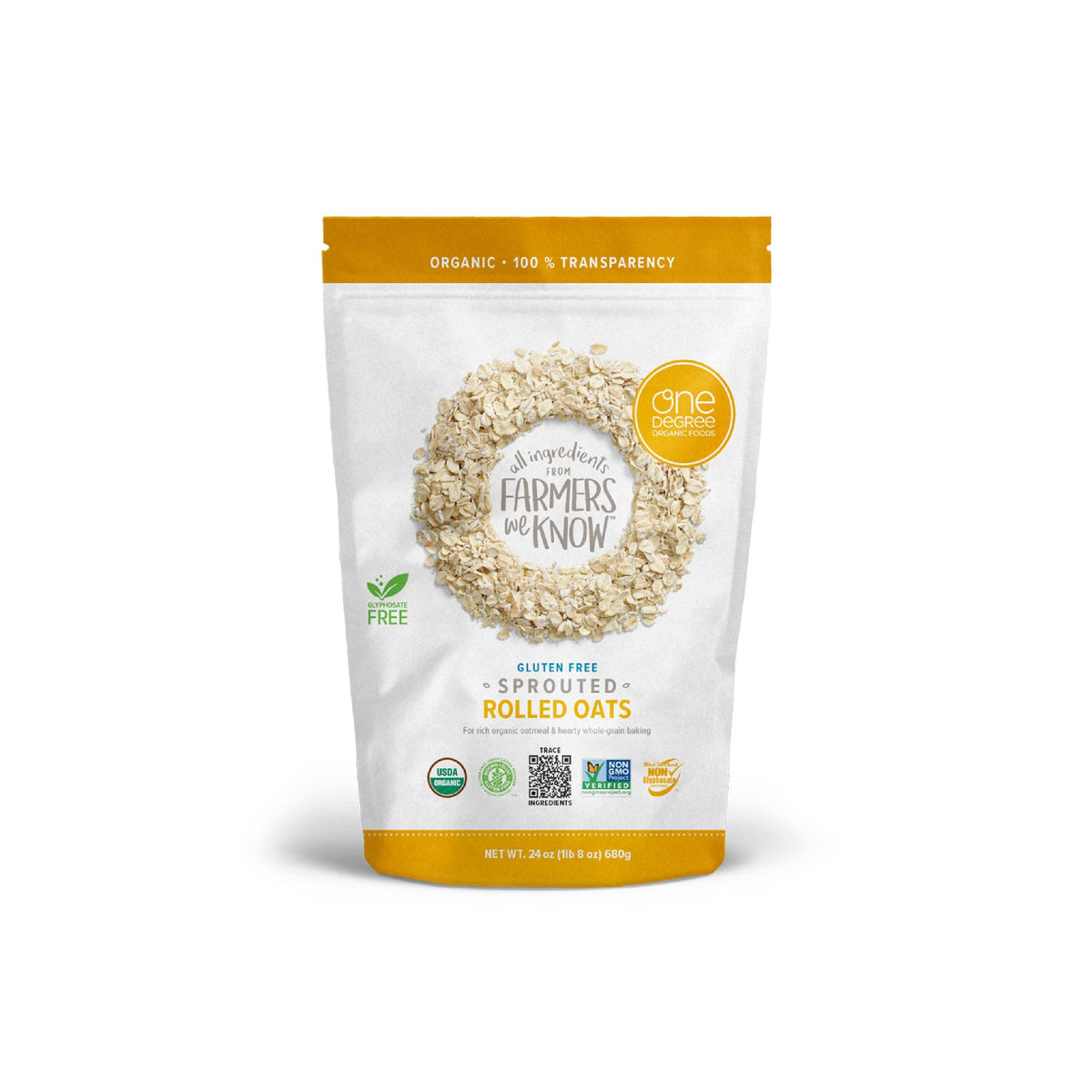 One Degree Organic Foods Sprouted Rolled Oats – Gluten Free, Non-GMO, Glyphosate-Free (4 x 24 oz)