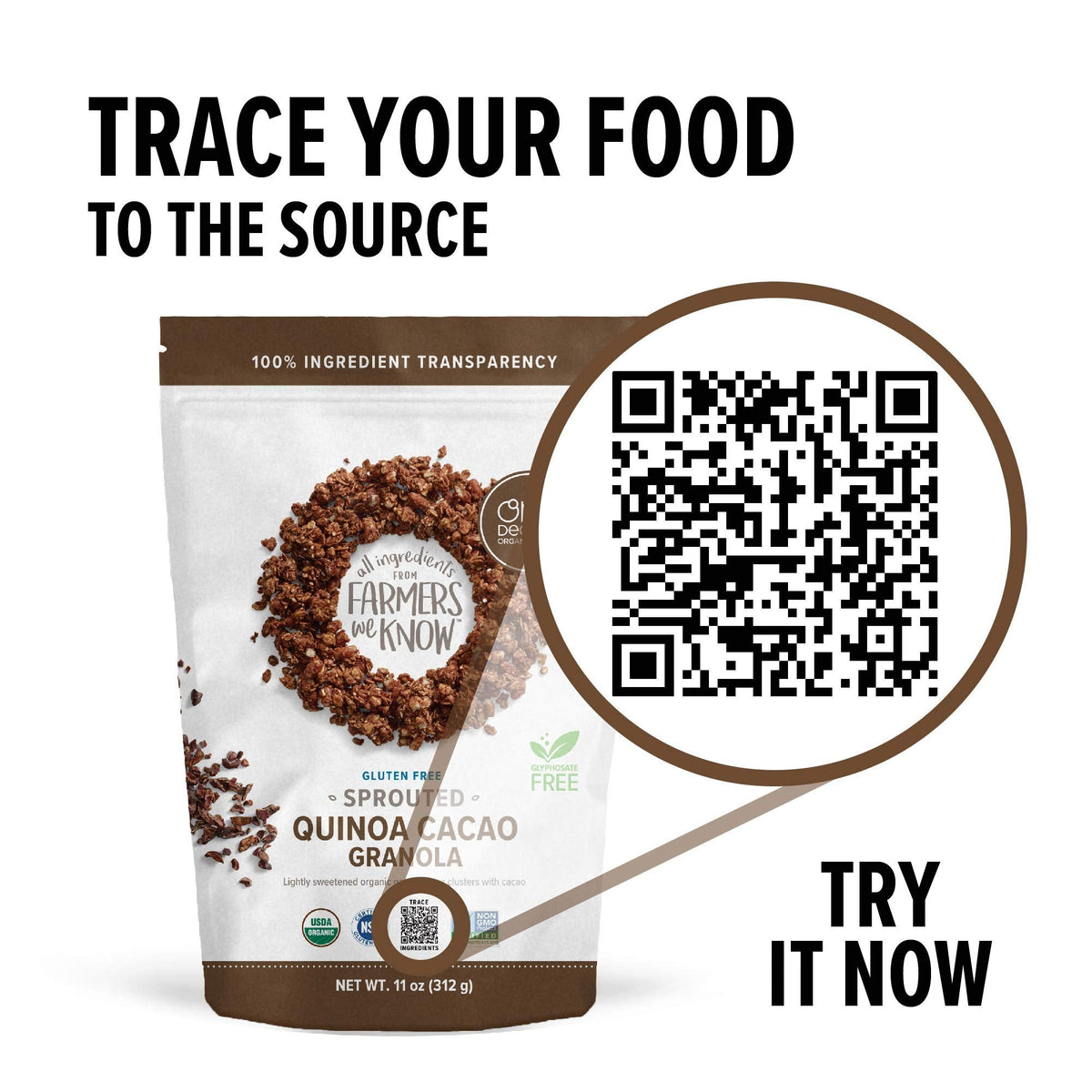 One Degree Organic Foods Sprouted Oat Quinoa Cacao Granola – Gluten Free, Vegan, USDA Organic (11 oz. 6 pack)