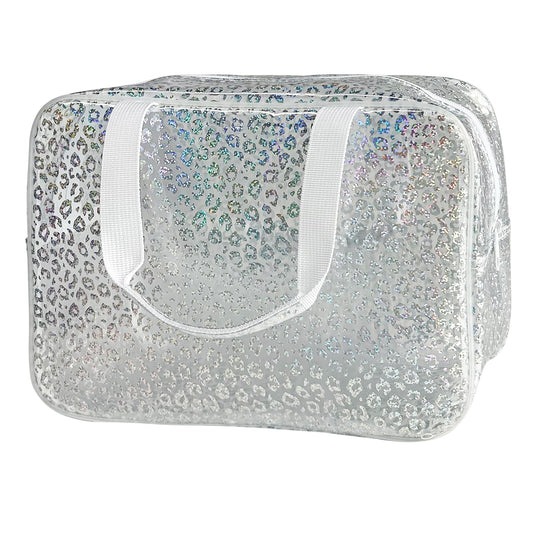 ONEART Travel Clear TPU Bag, Toiletry Carry Pouch Makeup Artist Bag, Waterproof Makeup Bags with Zipper Handle Straps (Leopard print)
