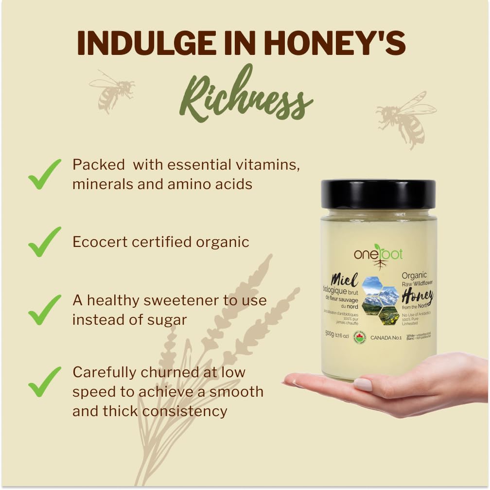OneRoot 100% Organic Canadian Wildflower Honey – Raw, Unheated & Creamed | 17.6 oz