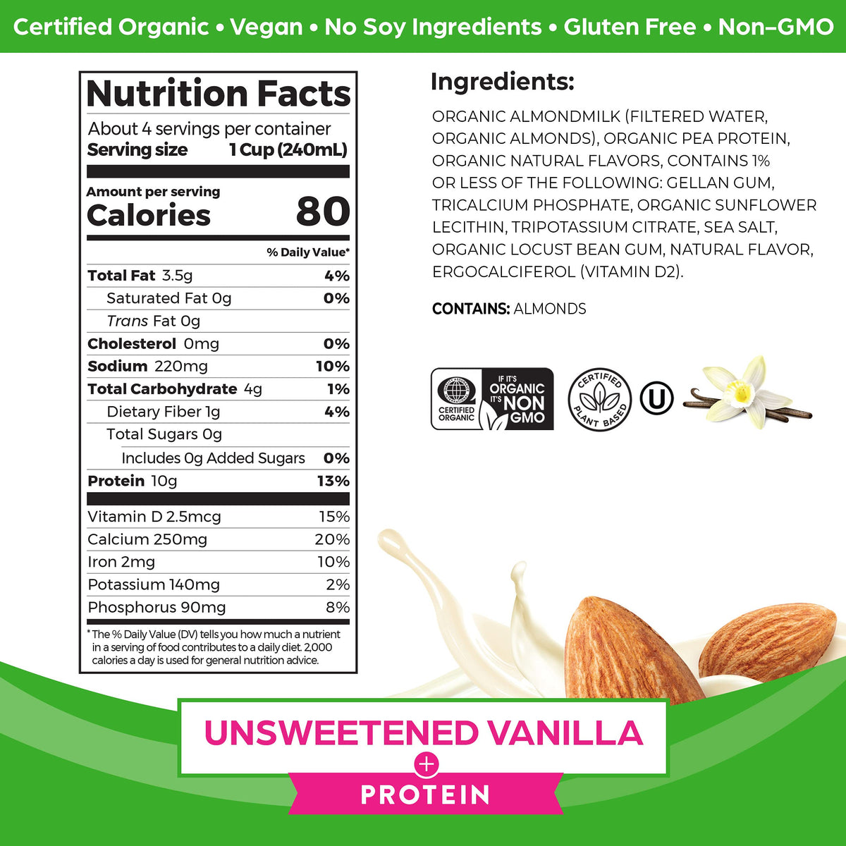 Orgain Organic Vegan Almond Milk, Unsweetened Vanilla – 10g Plant Protein, Calcium & Vitamin D, 32 oz (Pack of 6)