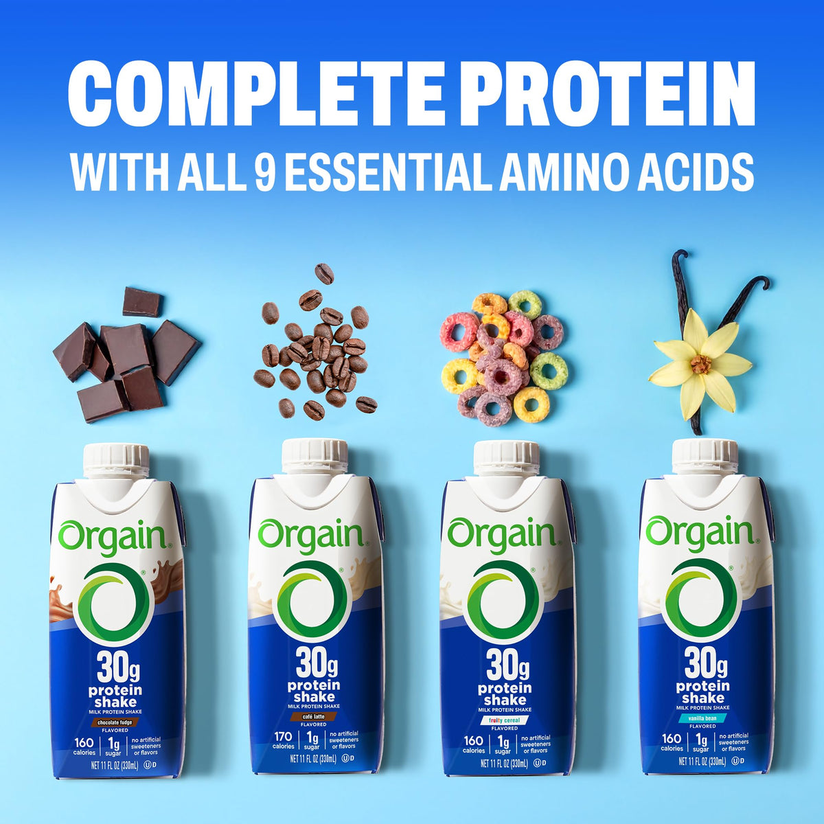 Orgain Café Latte 30g High Protein Shake – 12-Pack Ready-to-Drink, 1g Sugar, Gluten-Free