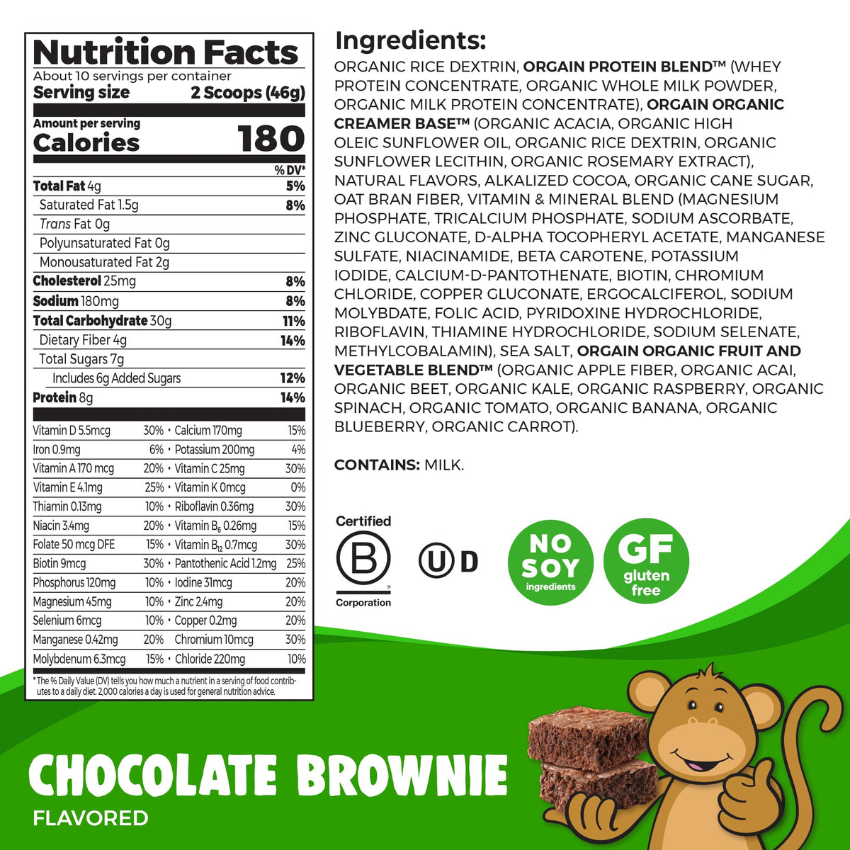 Orgain Kids Protein Shake Mix Chocolate Brownie – 8g Grass-Fed Protein, Gluten Free