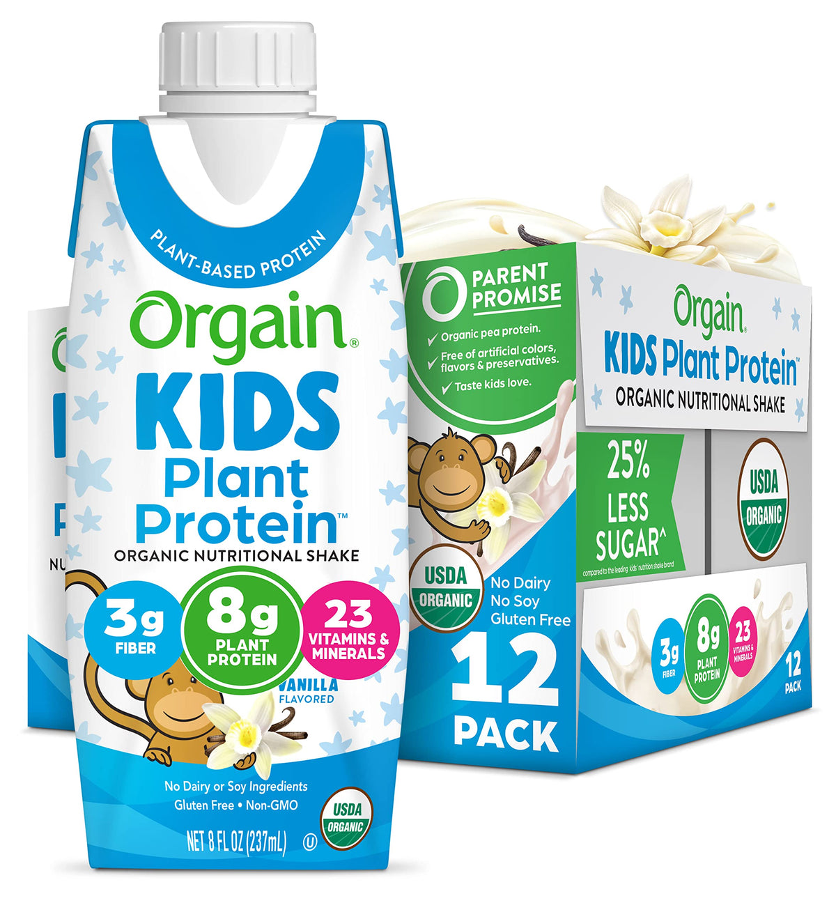 Orgain Organic Kids Vegan Protein Shake Vanilla – 8 g Plant Protein, 23 Vitamins, 12-Pack