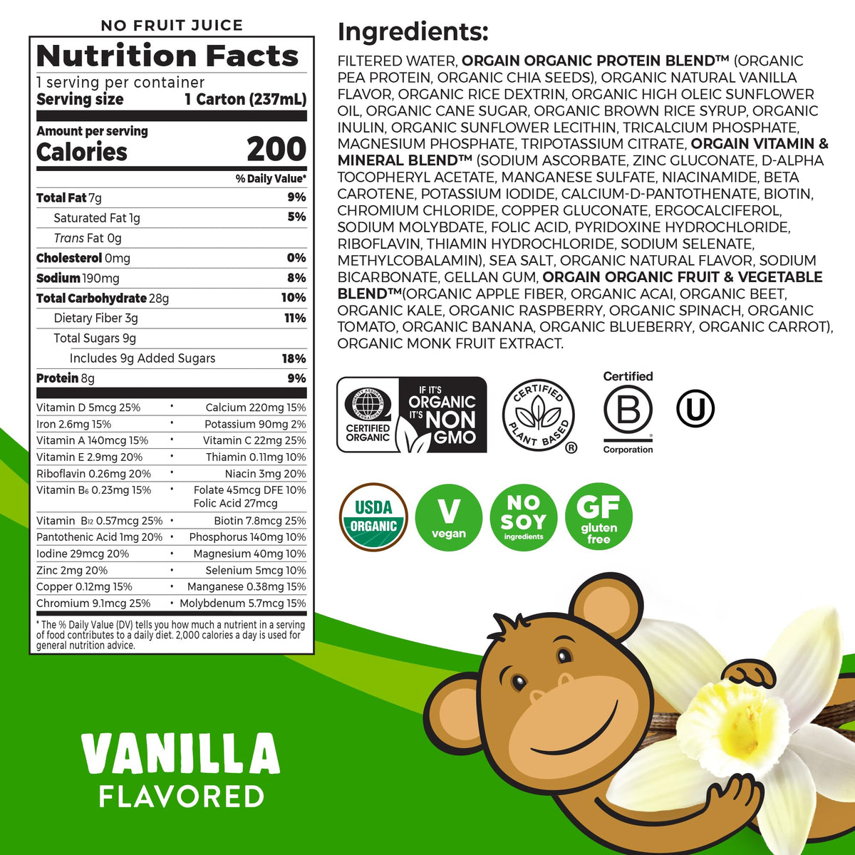 Orgain Organic Kids Vegan Protein Shake Vanilla – 8 g Plant Protein, 23 Vitamins, 12-Pack