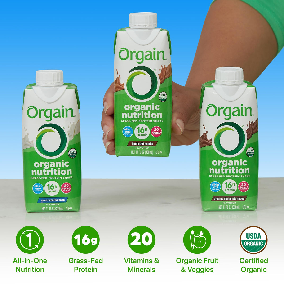 Orgain Organic Nutritional Protein Shake – 16g Grass-Fed Whey, 12x11oz (Chocolate, Vanilla, Mocha)