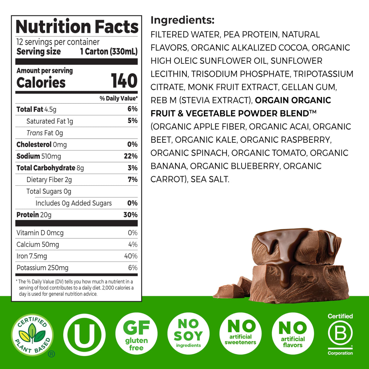 Orgain Organic Vegan Protein Shake, Creamy Chocolate — 20g Plant-Based Protein, Ready-to-Drink, 11 oz (12 Pack)