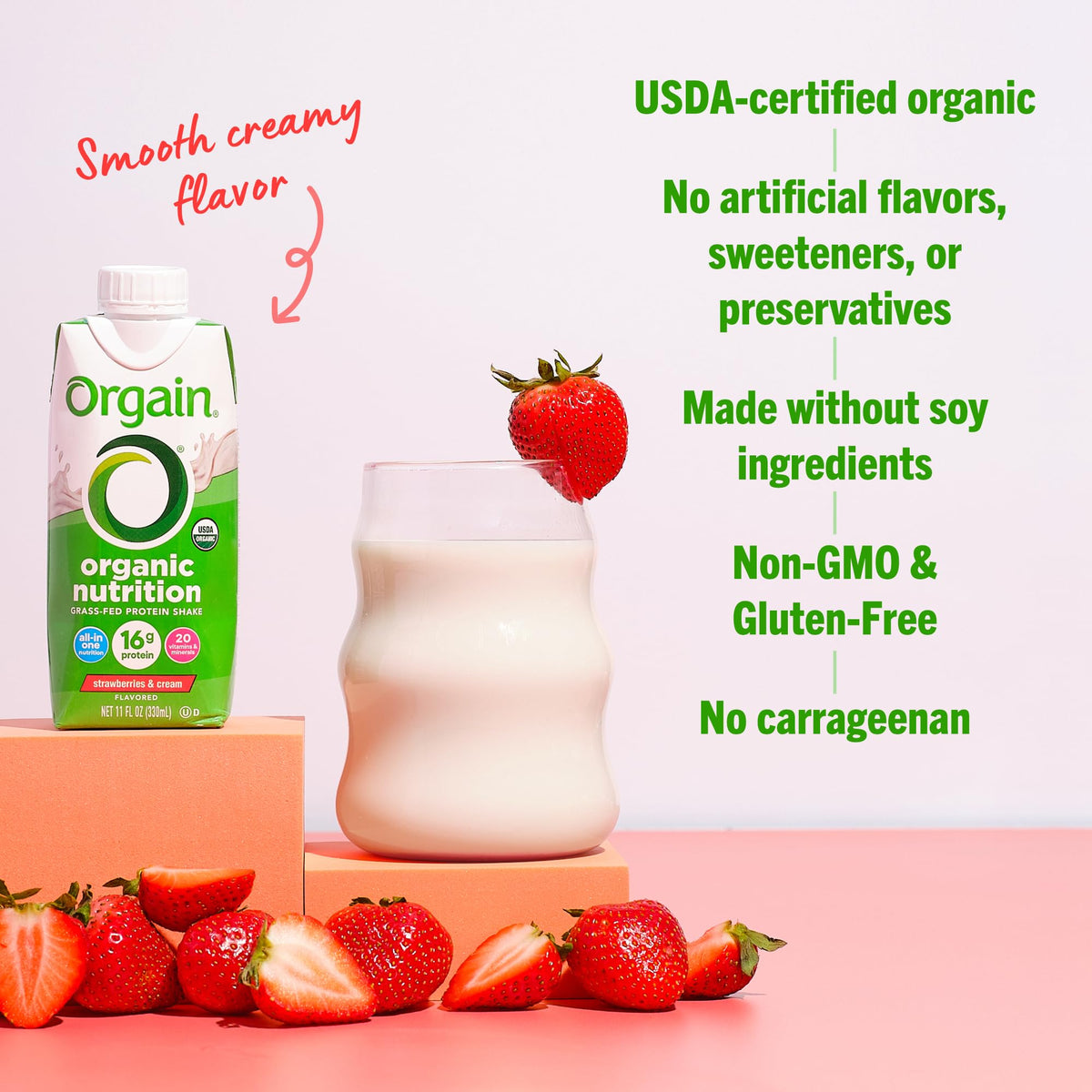 Orgain Organic Strawberries & Cream Nutritional Protein Shake – 16g Grass-Fed Whey, 20 Vitamins & Minerals, 11 fl oz, Gluten Free, Non-GMO, 12 Pack