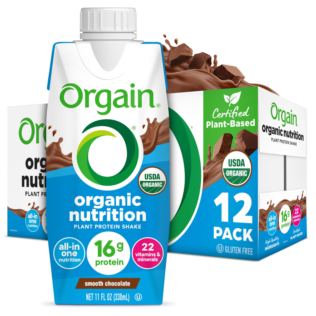 Orgain Organic Vegan Protein Shake – Smooth Chocolate, 16g Protein, 22 Vitamins & Minerals, 11 fl oz (12 Pack)