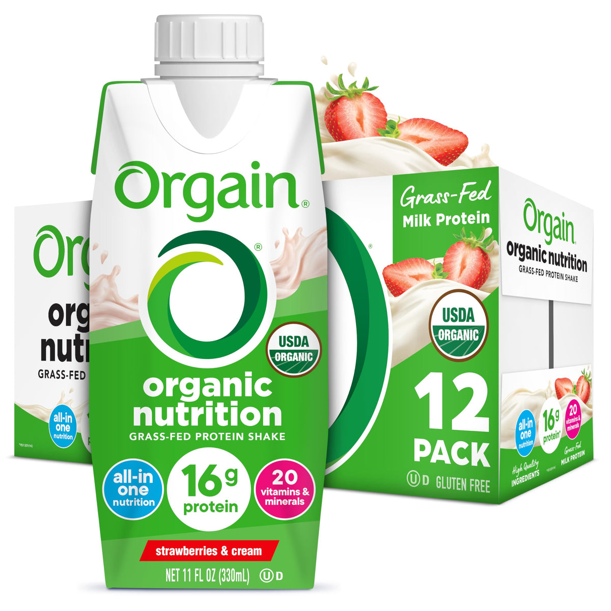 Orgain Organic Strawberries & Cream Nutritional Protein Shake – 16g Grass-Fed Whey, 20 Vitamins & Minerals, 11 fl oz, Gluten Free, Non-GMO, 12 Pack