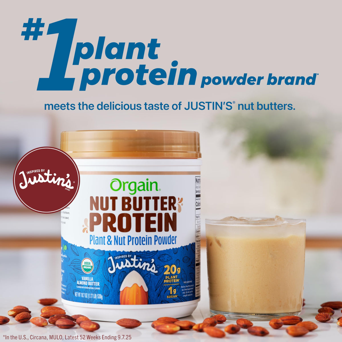 Orgain x Justin's Organic Vegan Nut Butter Protein Powder – Vanilla Almond Butter, 20g Plant Protein