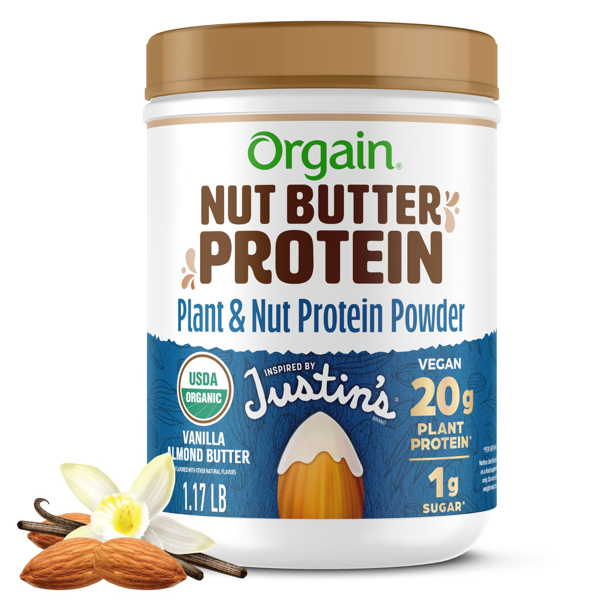 Orgain x Justin's Organic Vegan Nut Butter Protein Powder – Vanilla Almond Butter, 20g Plant Protein