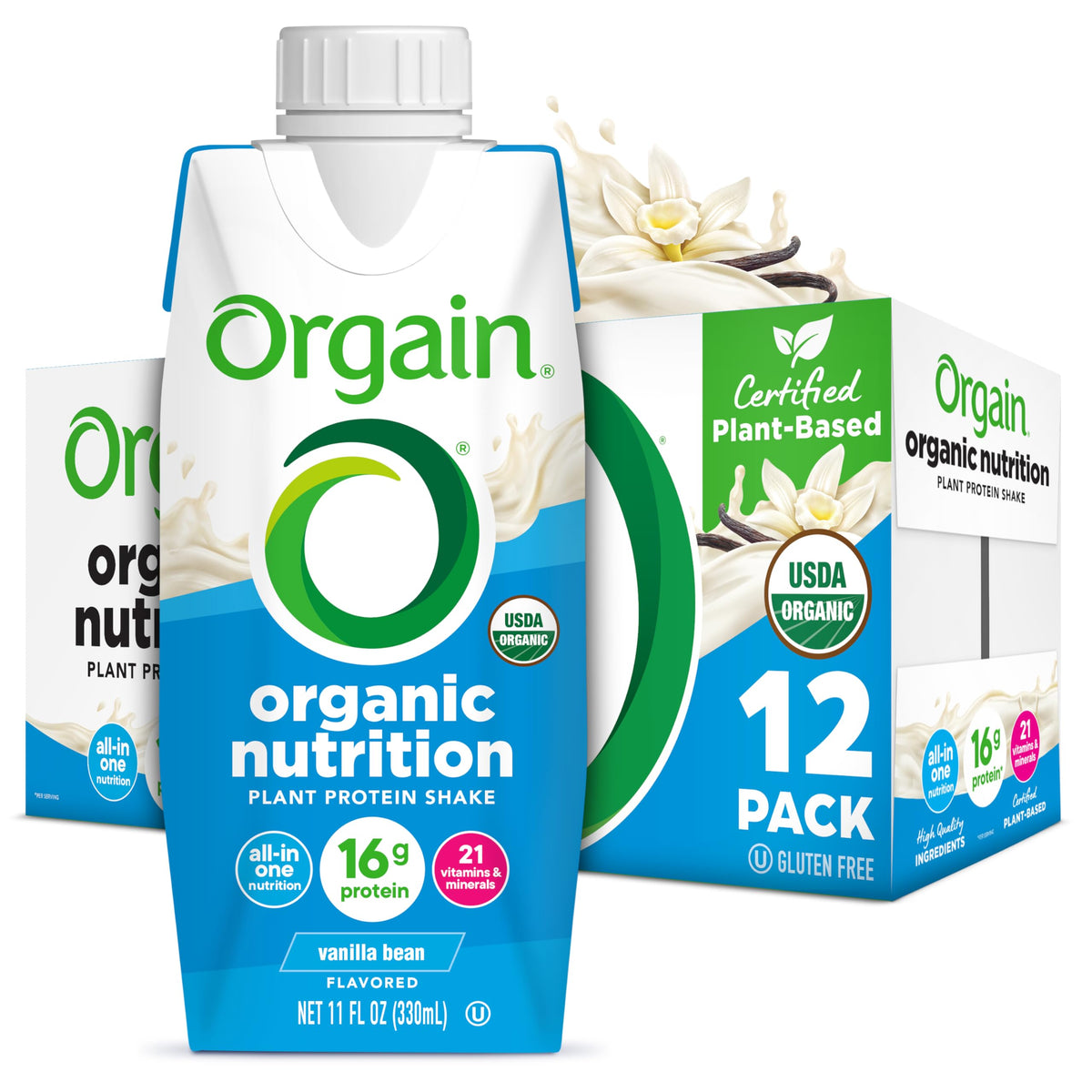 Orgain Organic Vegan Protein Shake Vanilla Bean — 16g Plant-Based Protein, 11 fl oz, 12-Pack