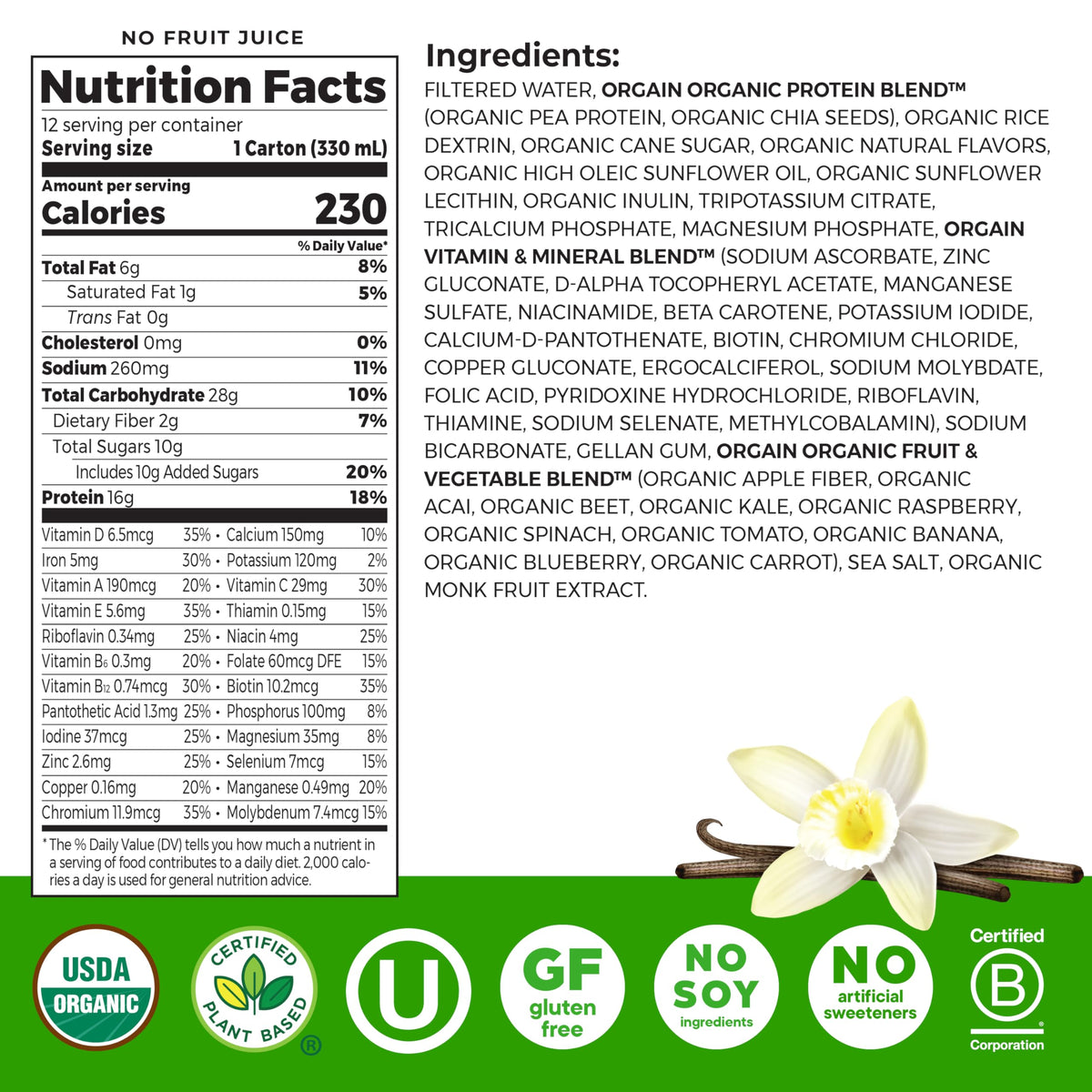 Orgain Organic Vegan Protein Shake Vanilla Bean — 16g Plant-Based Protein, 11 fl oz, 12-Pack