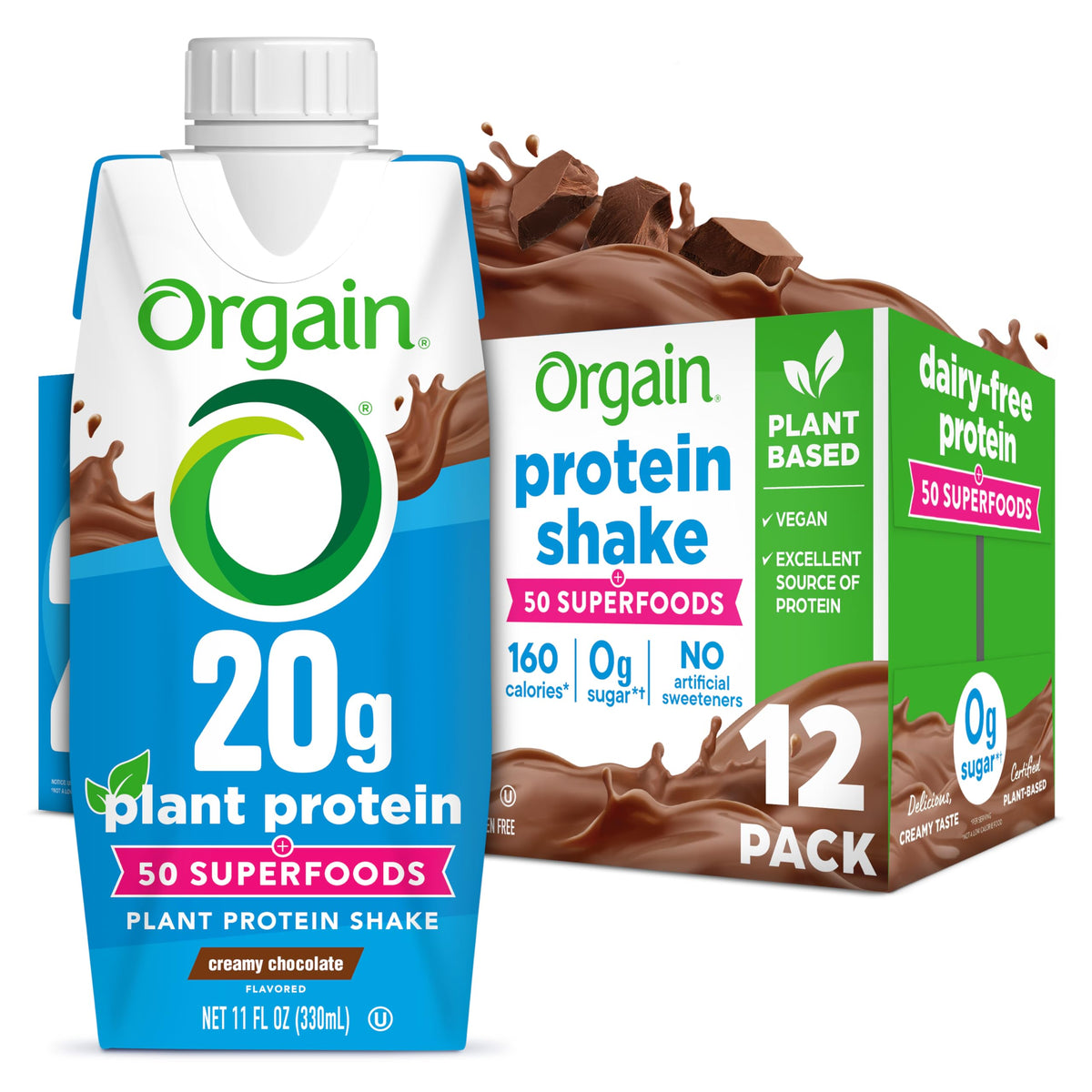 Orgain Vegan Protein Shake, Creamy Chocolate — 20g Plant Protein, 0g Sugar, Ready to Drink (11 oz, Pack of 12)