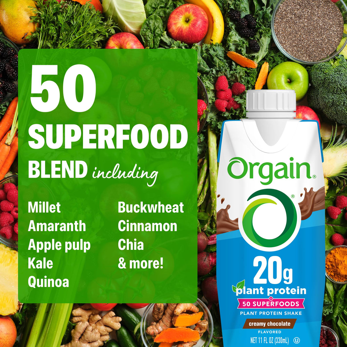 Orgain Vegan Protein Shake, Creamy Chocolate — 20g Plant Protein, 0g Sugar, Ready to Drink (11 oz, Pack of 12)