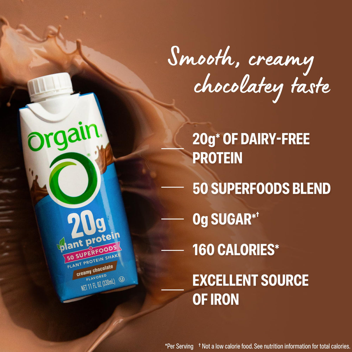 Orgain Vegan Protein Shake, Creamy Chocolate — 20g Plant Protein, 0g Sugar, Ready to Drink (11 oz, Pack of 12)